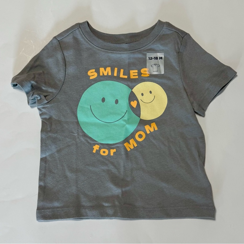 🛑 4 For $10 Old Navy “Smiles for Mom” Gray & Green Smiley Tee Size 12-18 Mos NWT